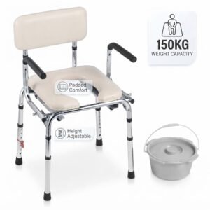 Height-adjustable bedside commode chair featuring a beige padded comfort seat, 150kg weight capacity indicator, and a removable toilet bucket.