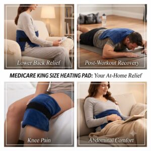 Medicare king size electric heating pad being used for lower back relief, post-workout recovery, knee pain, and abdominal comfort at home