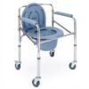 A clean, three-quarter front view of the chrome-frame foldable commode chair with wheels, featuring its grey molded plastic seat and backrest, shown on a plain white background.