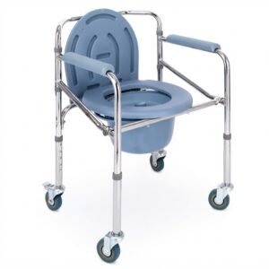 A clean, three-quarter front view of the chrome-frame foldable commode chair with wheels, featuring its grey molded plastic seat and backrest, shown on a plain white background.