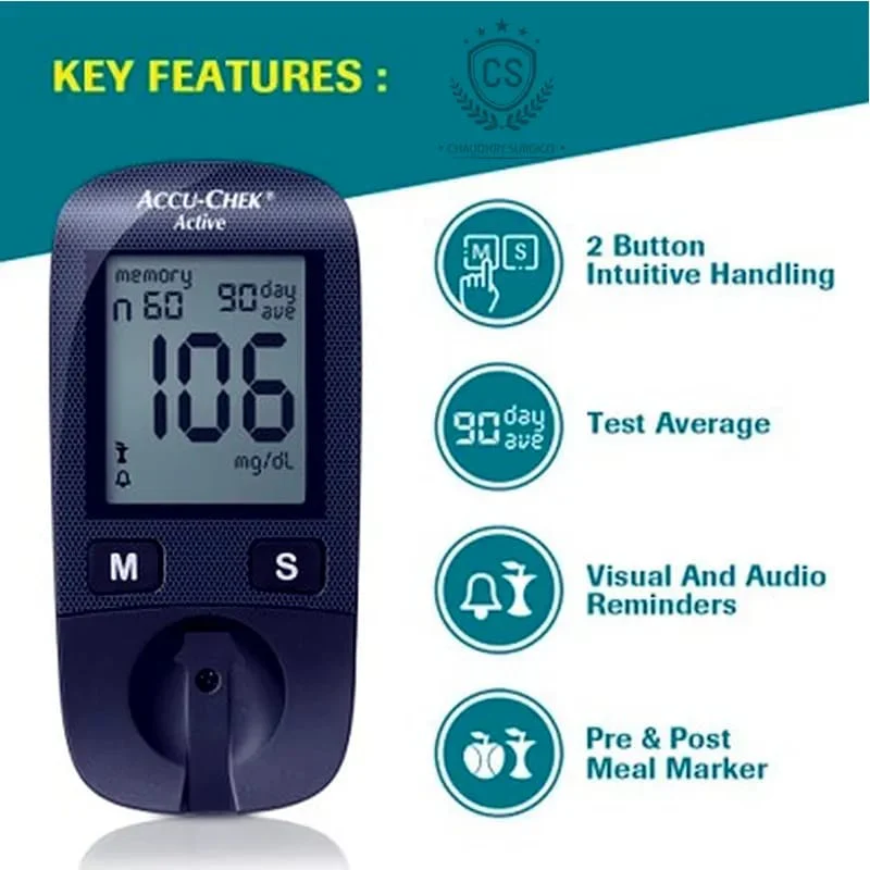 Accu-Chek Active glucometer with large high-contrast digital display showing blood glucose reading results