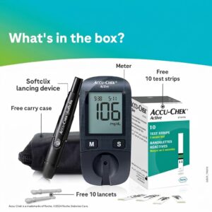 Accu-Chek Active glucometer displaying 5-second blood glucose reading with auto-coding technology, no manual code chip required