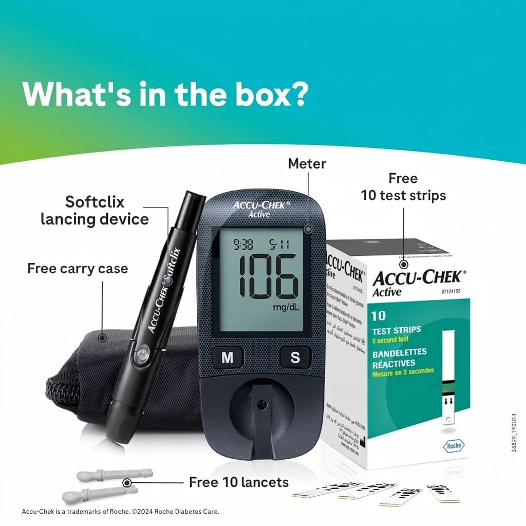 Accu-Chek Active glucometer displaying 5-second blood glucose reading with auto-coding technology, no manual code chip required