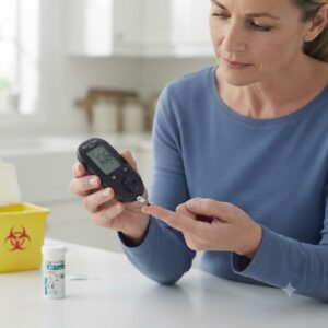 A woman using the Accu-Chek Active meter to test her blood sugar level.
