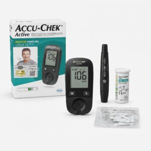 Professional studio shot of the complete Accu-Chek Active system with packaging, meter, and supplies.