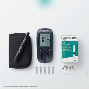 Flat lay of the Accu-Chek Active starter kit including meter, lancing device, test strips, and carry case.