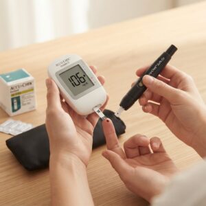 Hands holding an Accu-Chek Instant S glucometer with a test strip inserted, next to an open soft pouch and test strip box. The meter screen reads '106 mg/dL'.