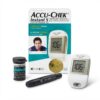 A complete Accu-Chek Instant S diabetes testing kit including the meter, Softclix lancing device, test strip vial, and product box with a man's photo, against a white background.