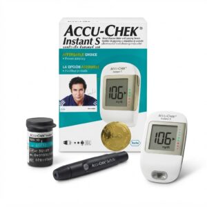 A complete Accu-Chek Instant S diabetes testing kit including the meter, Softclix lancing device, test strip vial, and product box with a man's photo, against a white background.
