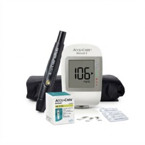 An Accu-Chek Instant S blood glucose meter, Softclix lancing device, test strip box, and blister pack of lancets, arranged on a white background.