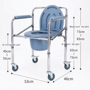 A chrome-frame folding commode chair with a grey plastic seat and backrest, displayed on a white background with dimension arrows showing adjustable sitting and armrest heights and overall width.