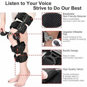 Close-up features of an adjustable hinged knee brace highlighting breathable materials, inflatable pads, buckle design, and velcro straps.