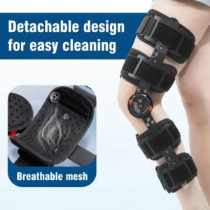 Close-up view of the breathable mesh pad on a detachable post-operative knee brace.