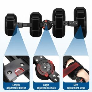 Diagram highlighting key features of a medical knee brace including the length adjustment button, angle adjustment chuck, and size straps.