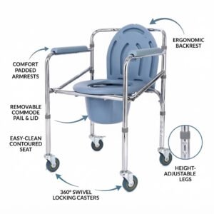 The folding commode chair on wheels is shown against a white background, with labeled arrows pointing to its features: Ergonomic Backrest, Comfort Padded Armrests, Removable Commode Pail & Lid, Easy-Clean Contoured Seat, Height-Adjustable Legs, and 360° Swivel Locking Casters.