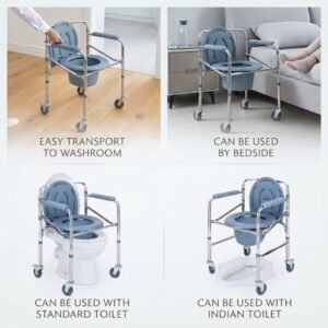 A four-panel grid image showing the folding commode chair in different settings: being transported by a caregiver, next to a bed, over a standard toilet, and over an Indian squat toilet. Text captions describe each use.