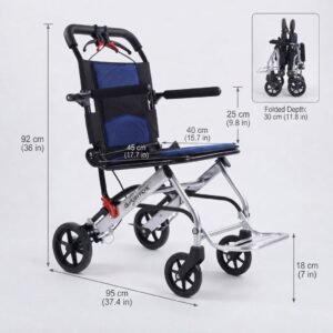 Dimensional diagram of folding transport wheelchair showing measurements for overall height, seat width, seat depth, folded depth, and footrest height.