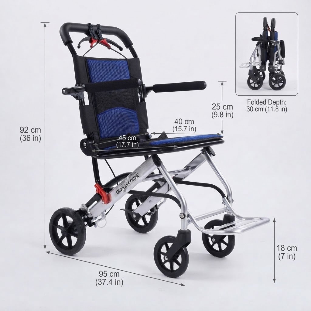 Dimensional diagram of folding transport wheelchair showing measurements for overall height, seat width, seat depth, folded depth, and footrest height.