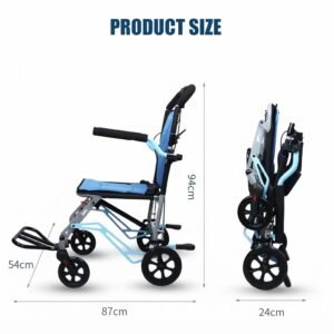 Dimensional diagram of folding transport wheelchair showing measurements for 94cm overall height, 87cm length, 54cm height, and 24cm folded depth.