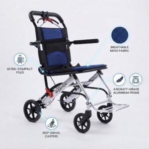 Lightweight folding transport wheelchair highlighting key features including ultra-compact fold, breathable mesh fabric, aircraft-grade aluminum frame, and 360-degree swivel casters.