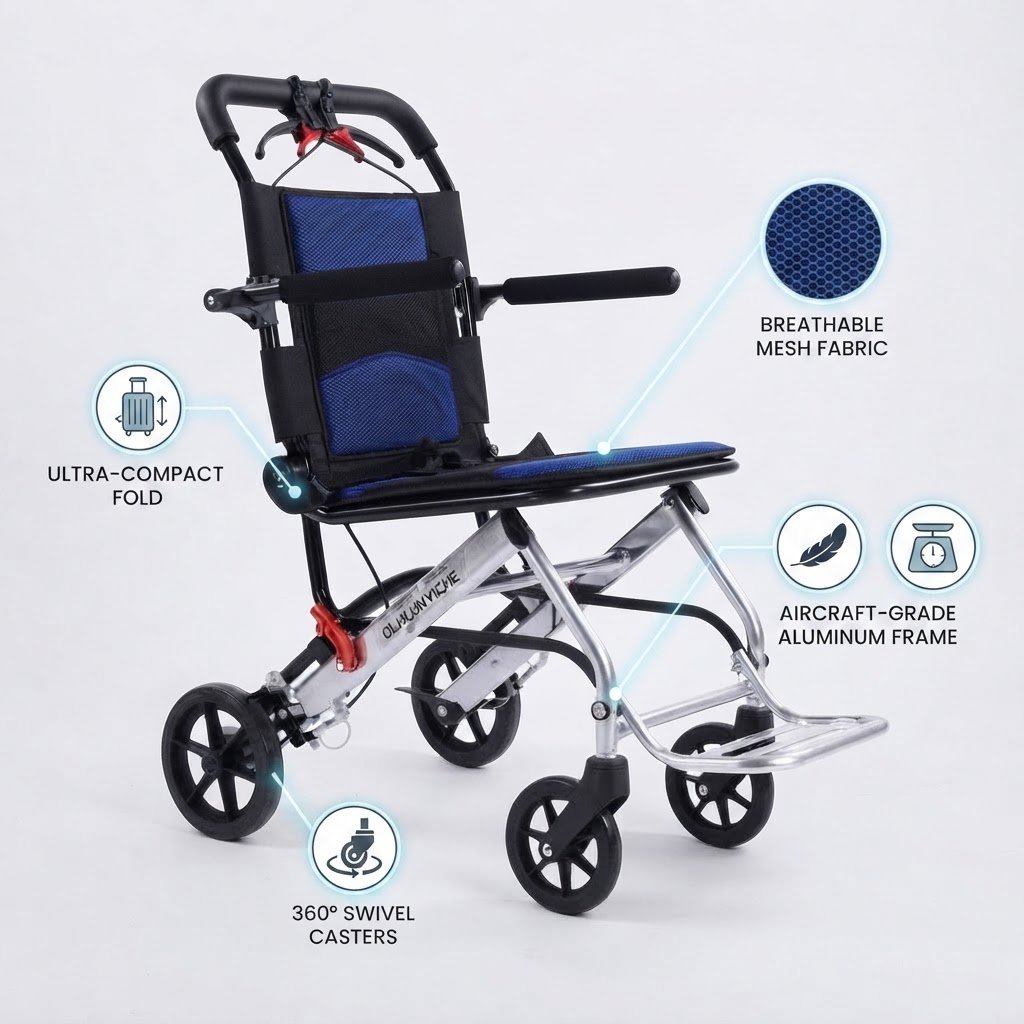 Lightweight folding transport wheelchair highlighting key features including ultra-compact fold, breathable mesh fabric, aircraft-grade aluminum frame, and 360-degree swivel casters.