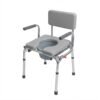 Angled view of a medical-grade bedside commode chair featuring a grey cushioned backrest, padded seat with cut-out, chrome-plated steel frame, and included bucket.