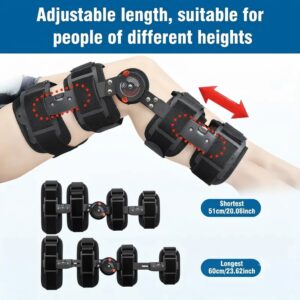 Post-op hinged knee brace demonstrating variable length adjustments suitable for different patient heights.