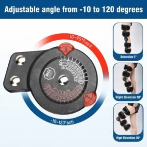 Close-up of the dial angle adjustment mechanism showing extension and flexion settings from -10 to 120 degrees for controlled leg elevation.