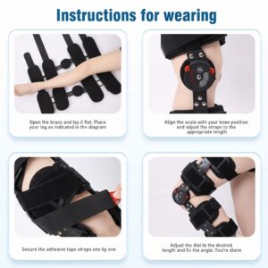 Step-by-step visual guide on how to wear, align, secure straps, and adjust a hinged knee brace.