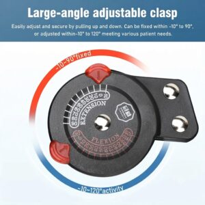 Close-up of a large-angle adjustable clasp dial for extension and flexion control on a knee brace.