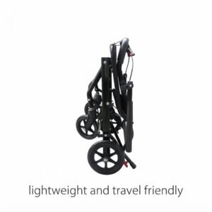Side view of a lightweight and travel-friendly folding wheelchair shown completely collapsed for easy storage and portability.
