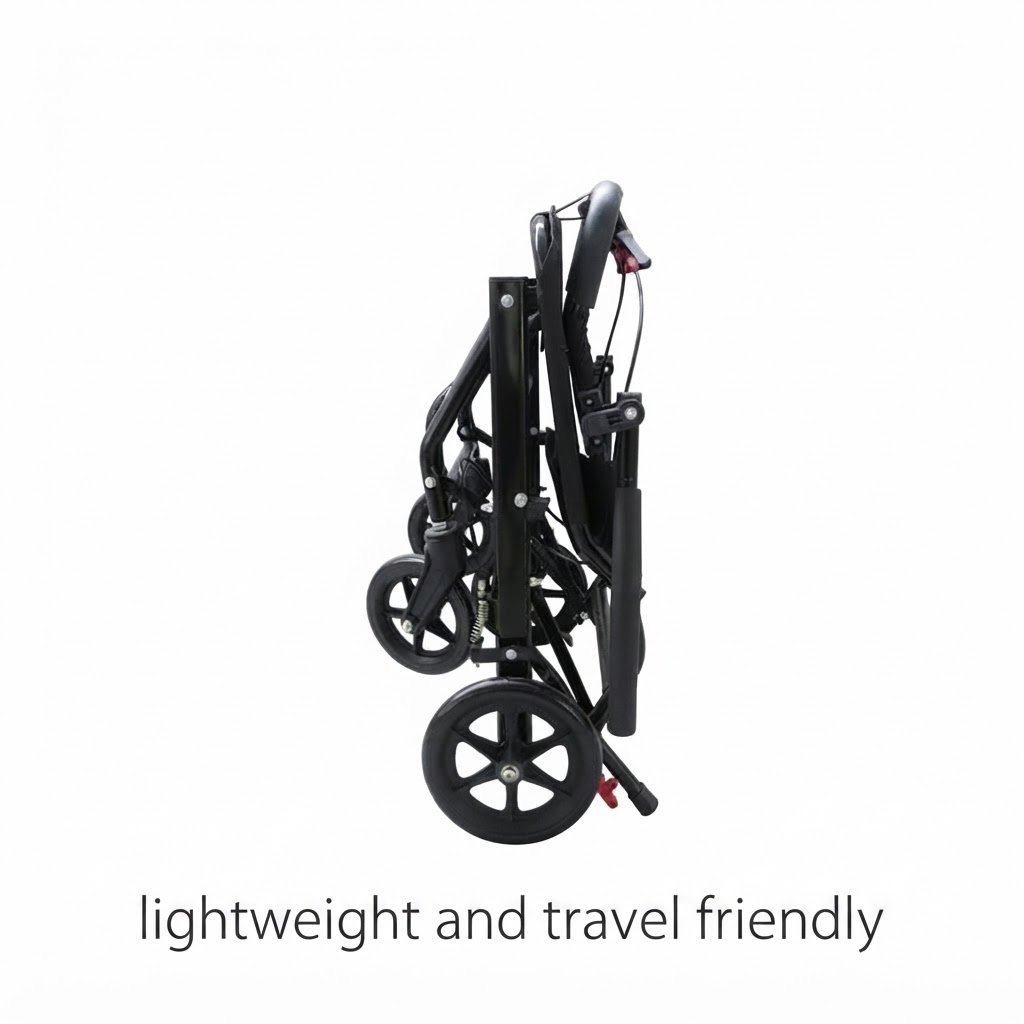 Side view of a lightweight and travel-friendly folding wheelchair shown completely collapsed for easy storage and portability.