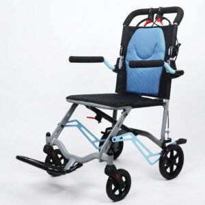 Clean studio shot of a lightweight travel transport wheelchair featuring a grey and light blue frame with black and blue mesh upholstery.