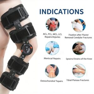 Medical graphic outlining knee brace indications including ACL, PCL, MCL, meniscal repairs, and fractures.