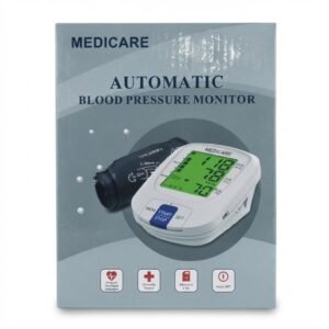 Retail packaging box for the Medicare Automatic Blood Pressure Monitor showing product features like irregular heartbeat detection and clinically tested accuracy.