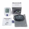 Full unboxed kit of the Medicare automatic blood pressure monitor including the main monitor unit, storage pouch, upper arm cuff, user manual, box, and batteries.