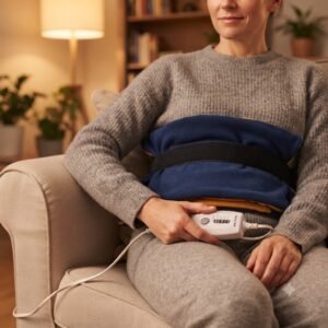 Woman relaxing on a sofa using a Medicare king size heating pad for abdominal comfort