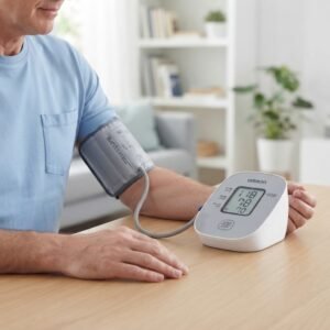 An older adult using the Omron M1 Basic upper arm digital blood pressure monitor at home, with the cuff wrapped around the arm and resting on a wooden table.