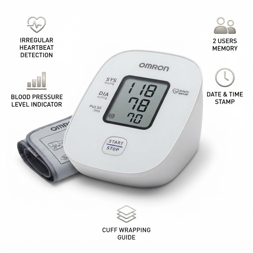 Omron M1 Basic digital upper arm blood pressure monitor featuring clear LCD screen and cuff on a clean white background.