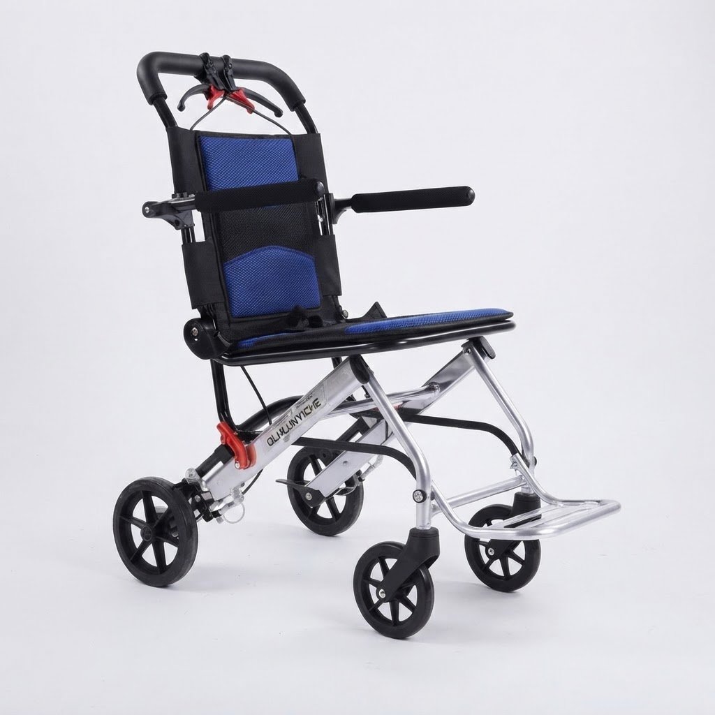 Clean studio shot of a portable travel transport wheelchair featuring a silver and black frame with blue mesh padding.