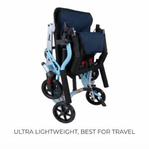 Ultra-lightweight folding travel wheelchair shown in a compact folded position, designed for easy travel and portable storage.