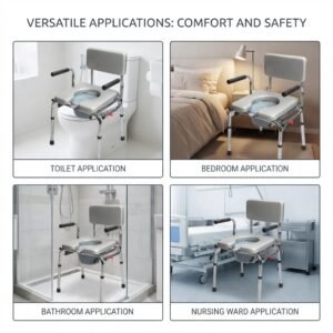 Four-way application collage demonstrating the grey-seated commode chair deployed over a toilet, in a bedroom, inside a glass shower stall, and in a hospital nursing ward.
