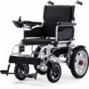 Modern foldable electric wheelchair with lightweight silver aluminum frame, black ergonomic cushion, and joystick control on a clean white background