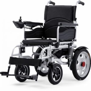 Modern foldable electric wheelchair with lightweight silver aluminum frame, black ergonomic cushion, and joystick control on a clean white background