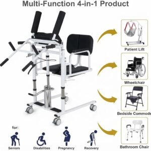 Infographic showing a 4-in-1 multi-function patient transfer chair functioning as a patient lift, wheelchair, bedside commode, and bathroom chair for seniors, individuals with disabilities, pregnant women, and patients in recovery