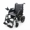 Grey foldable electric wheelchair with lightweight metallic frame, cushioned grey mesh seat, and left-side joystick controller on a pure white background