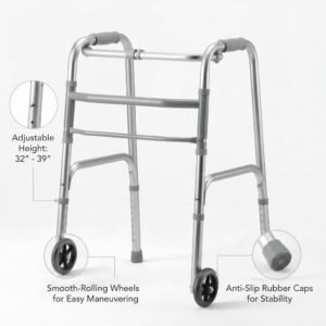 Studio shot of an adjustable height folding medical walker with smooth-rolling front wheels and anti-slip rubber rear caps against a white background.