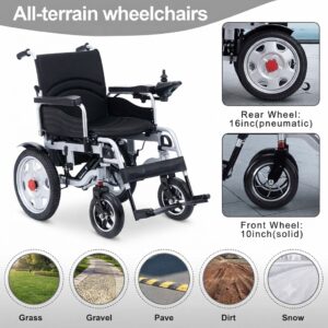 All-terrain electric wheelchair wheel specifications showing 16-inch pneumatic rear wheels and 10-inch solid front wheels for grass, gravel, and snow