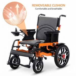 Removable and breathable honeycomb cushion on Hassani Surgicals motorized wheelchair ensuring comfort for elderly patients