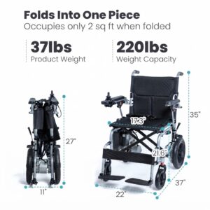 Infographic highlighting the compact folding design, 37 lbs product weight, 220 lbs capacity, and folded footprint.